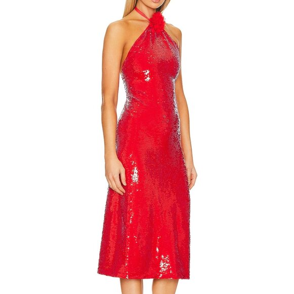 NWT Le Superbe from Anthropologie Kaia Botanica Sequin Midi Dress, Red, Size 8 - Picture 2 of 15